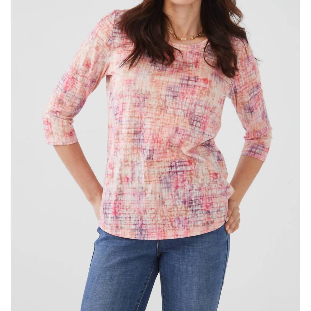 NEW FDJ 3/4 sleeve scoop neck top in orange plaid in orange